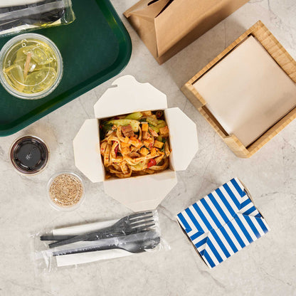 Bio Tek 26 oz Square Blue and White Stripe Paper Noodle Take Out Container - 4" x 3 1/2" x 4" - 200 count box
