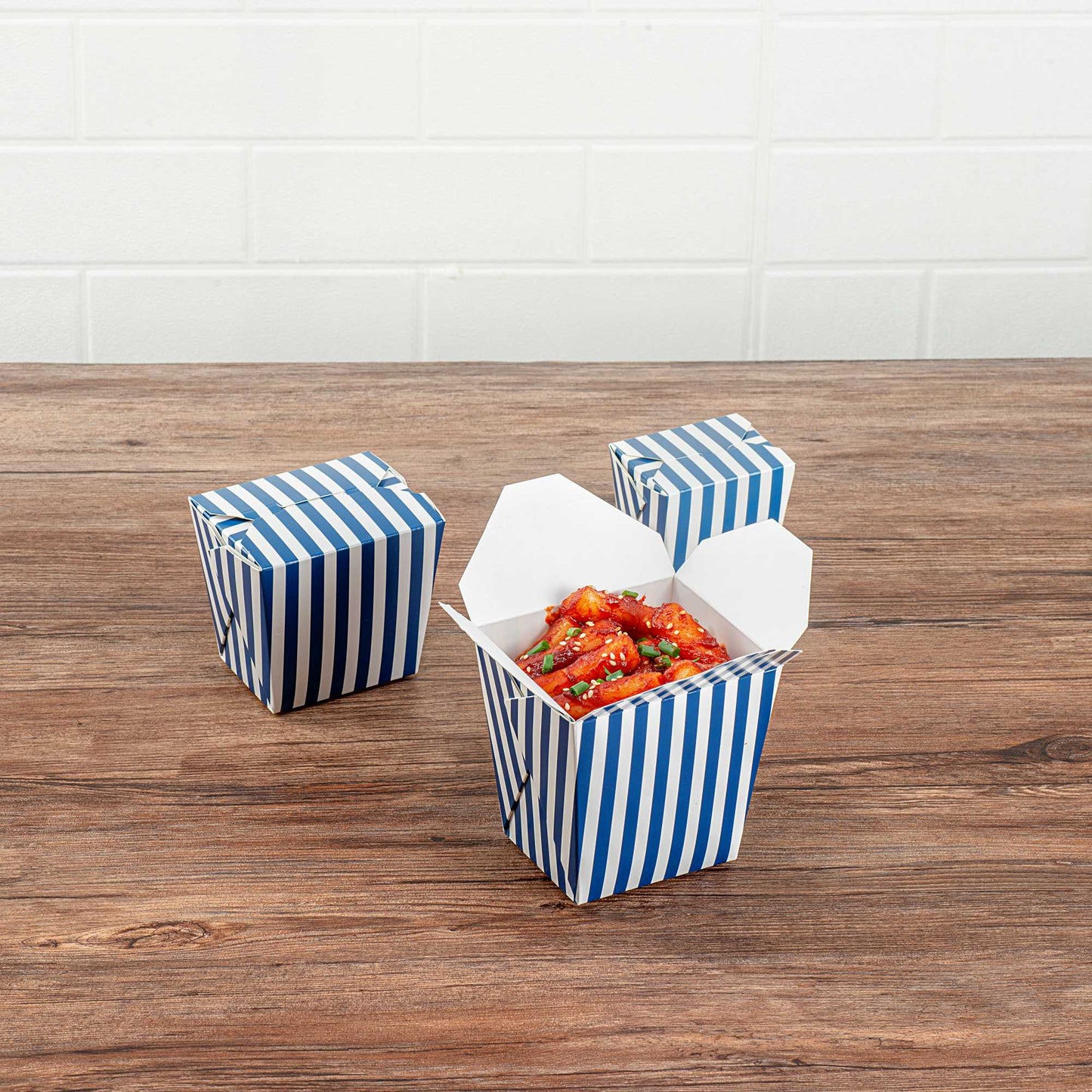 Bio Tek 26 oz Square Blue and White Stripe Paper Noodle Take Out Container - 4" x 3 1/2" x 4" - 200 count box