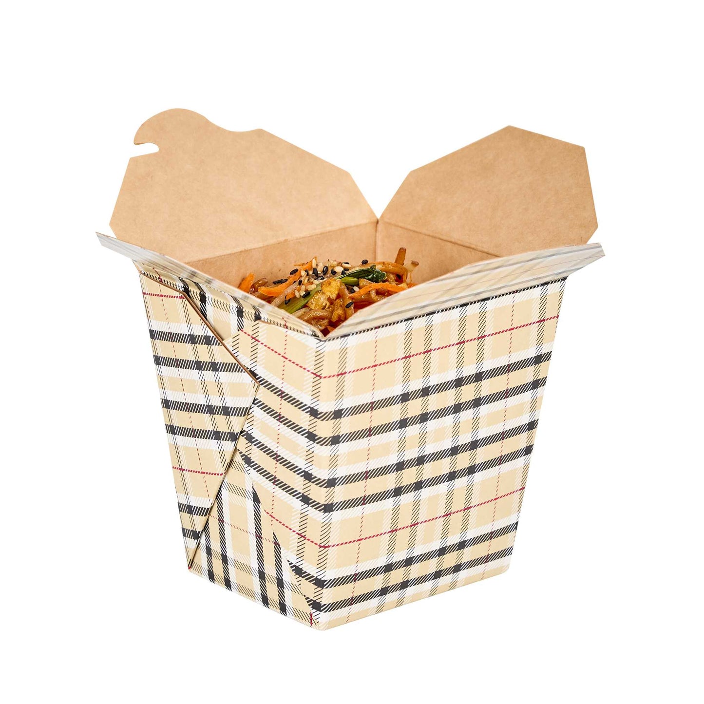 Bio Tek 26 oz Square Plaid Paper Noodle Take Out Container - 4" x 3 1/2" x 4" - 50 count box