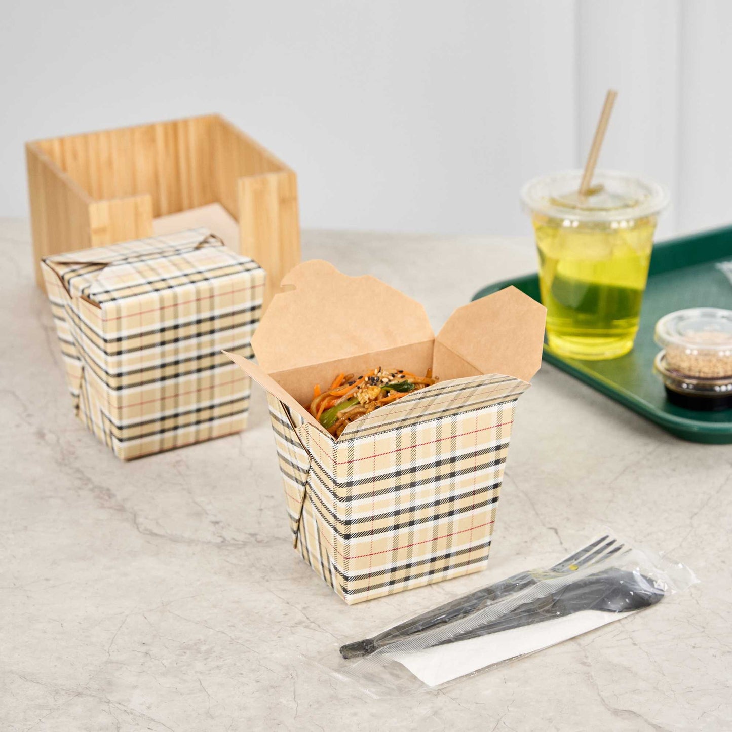Bio Tek 26 oz Square Plaid Paper Noodle Take Out Container - 4" x 3 1/2" x 4" - 50 count box