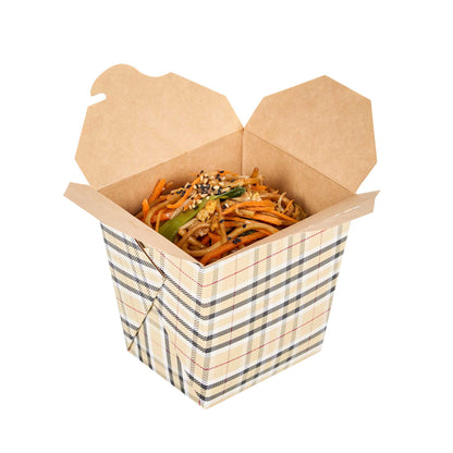 Bio Tek 26 oz Square Plaid Paper Noodle Take Out Container - 4" x 3 1/2" x 4" - 50 count box