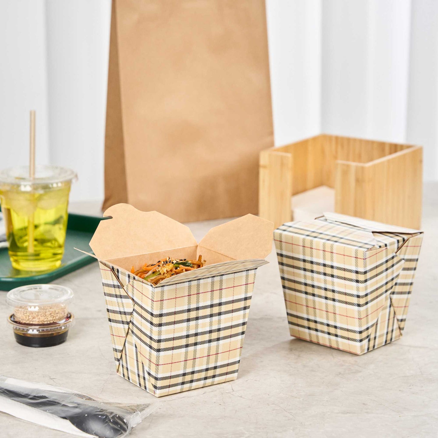 Bio Tek 26 oz Square Plaid Paper Noodle Take Out Container - 4" x 3 1/2" x 4" - 50 count box