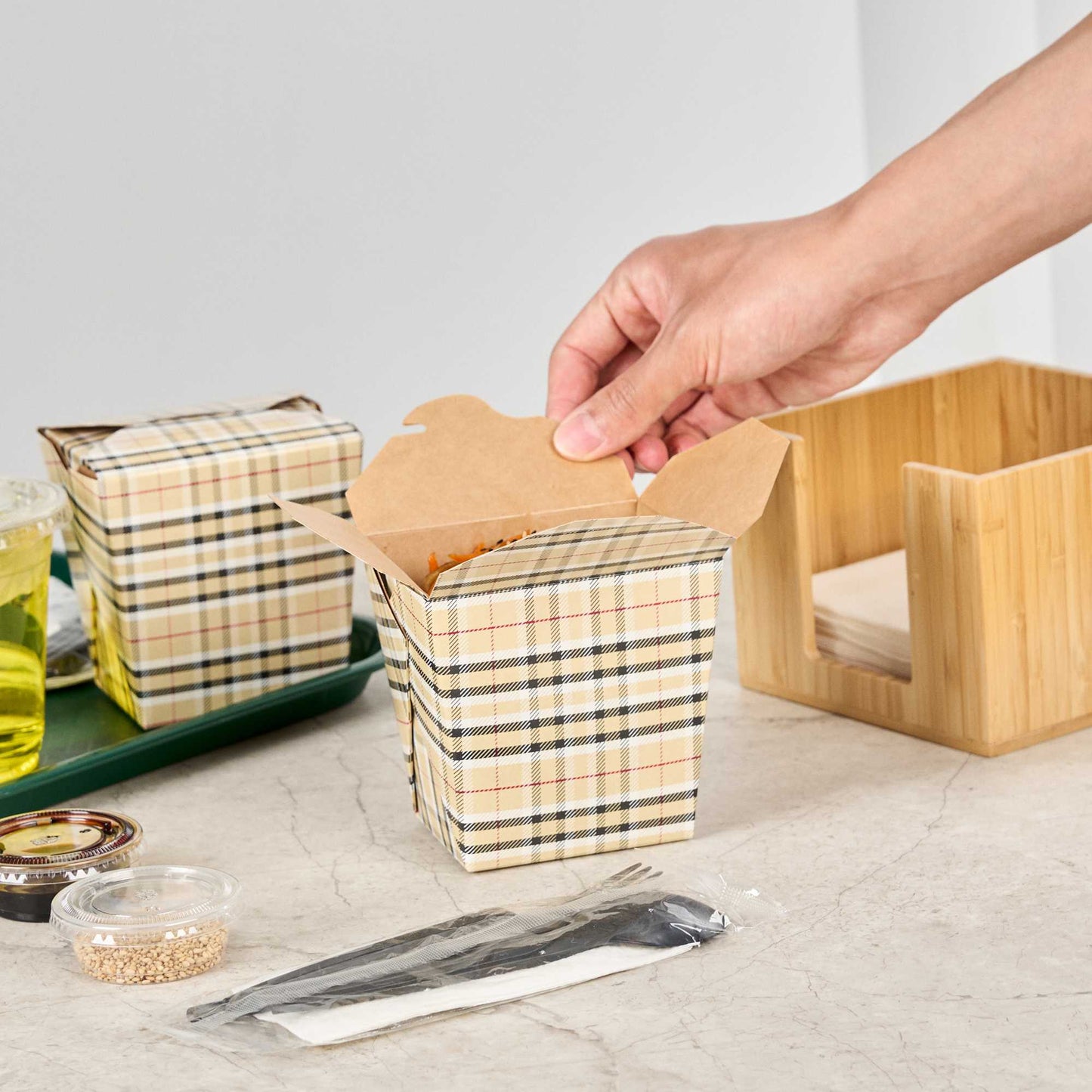 Bio Tek 26 oz Square Plaid Paper Noodle Take Out Container - 4" x 3 1/2" x 4" - 50 count box