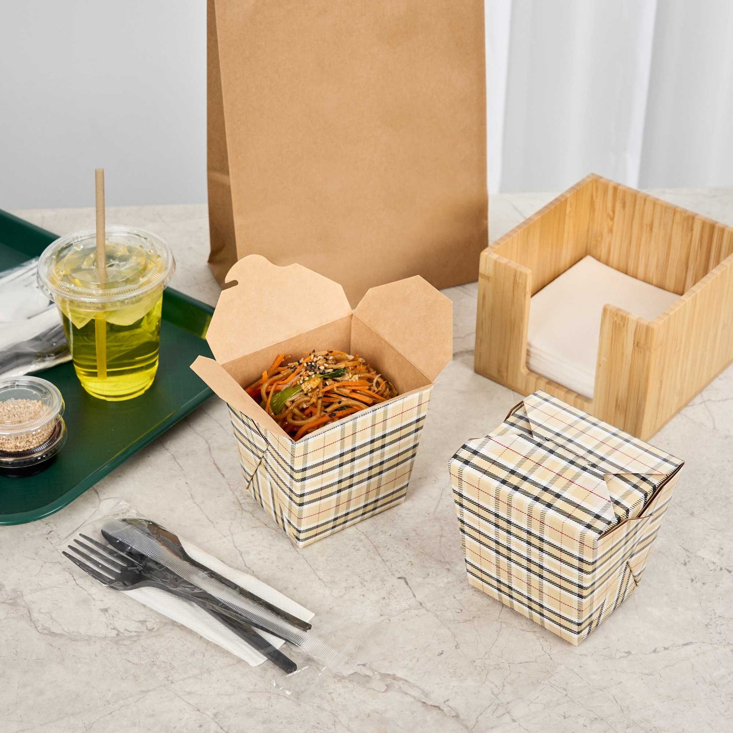 Bio Tek 26 oz Square Plaid Paper Noodle Take Out Container - 4" x 3 1/2" x 4" - 50 count box