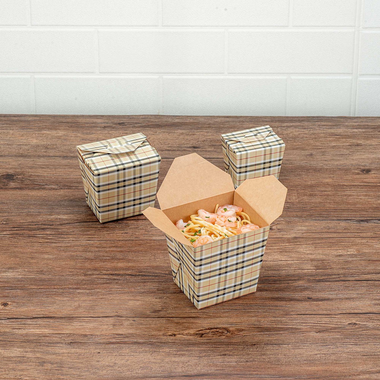 Bio Tek 26 oz Square Plaid Paper Noodle Take Out Container - 4" x 3 1/2" x 4" - 50 count box