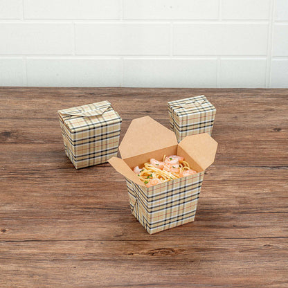 Bio Tek 26 oz Square Plaid Paper Noodle Take Out Container - 4" x 3 1/2" x 4" - 50 count box