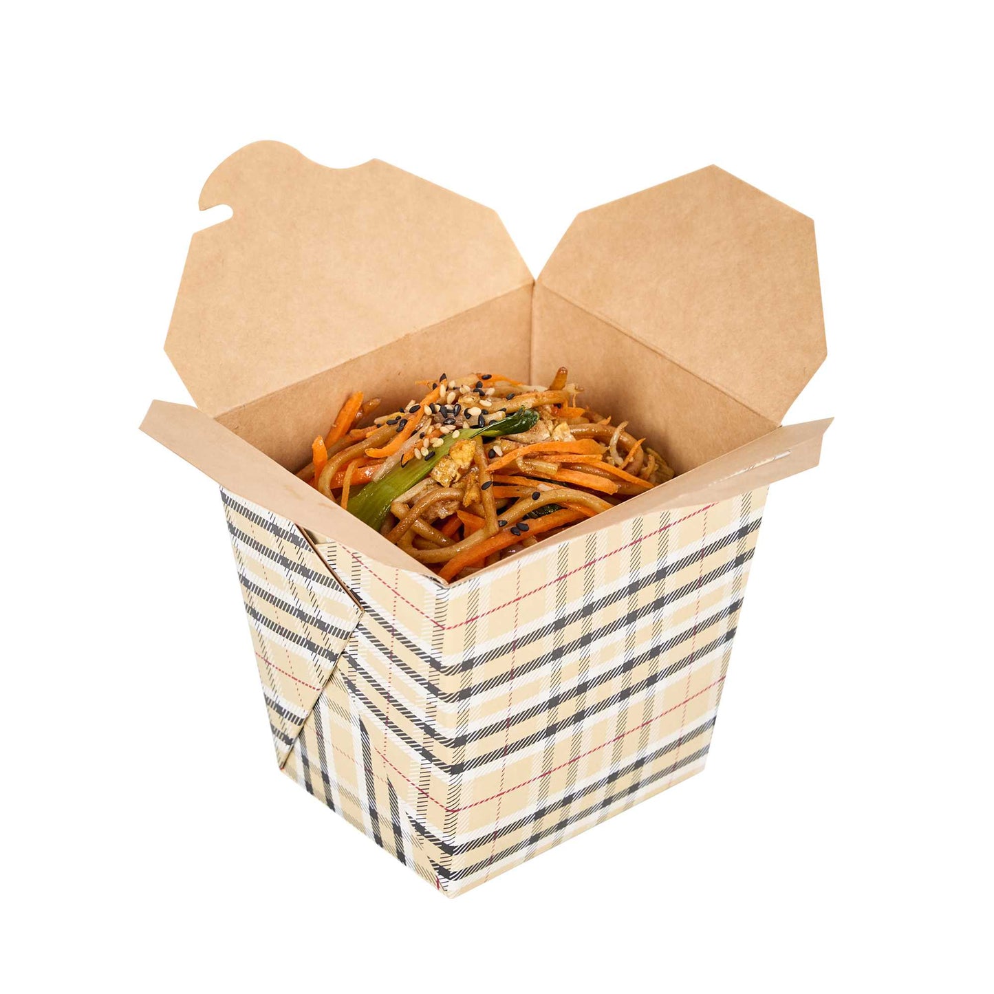 Bio Tek 26 oz Square Plaid Paper Noodle Take Out Container - 4" x 3 1/2" x 4" - 200 count box