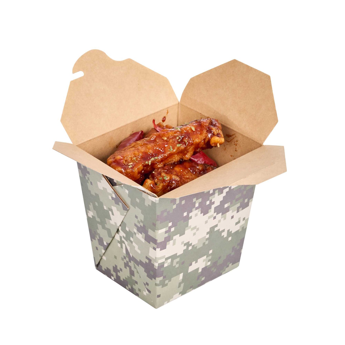Bio Tek 26 oz Square Camouflage Paper Noodle Take Out Container - 4" x 3 1/2" x 4" - 200 count box