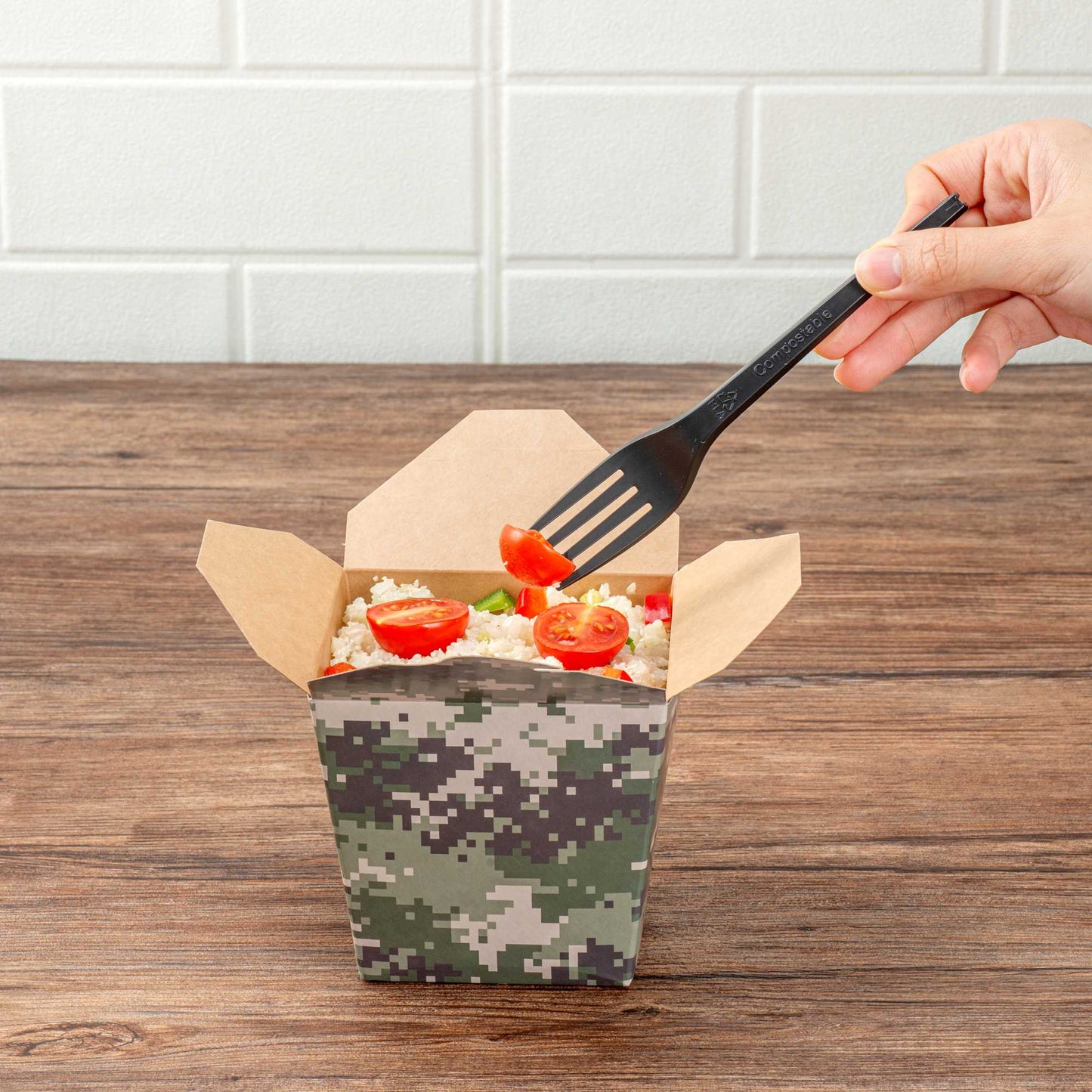 Bio Tek 26 oz Square Camouflage Paper Noodle Take Out Container - 4" x 3 1/2" x 4" - 200 count box