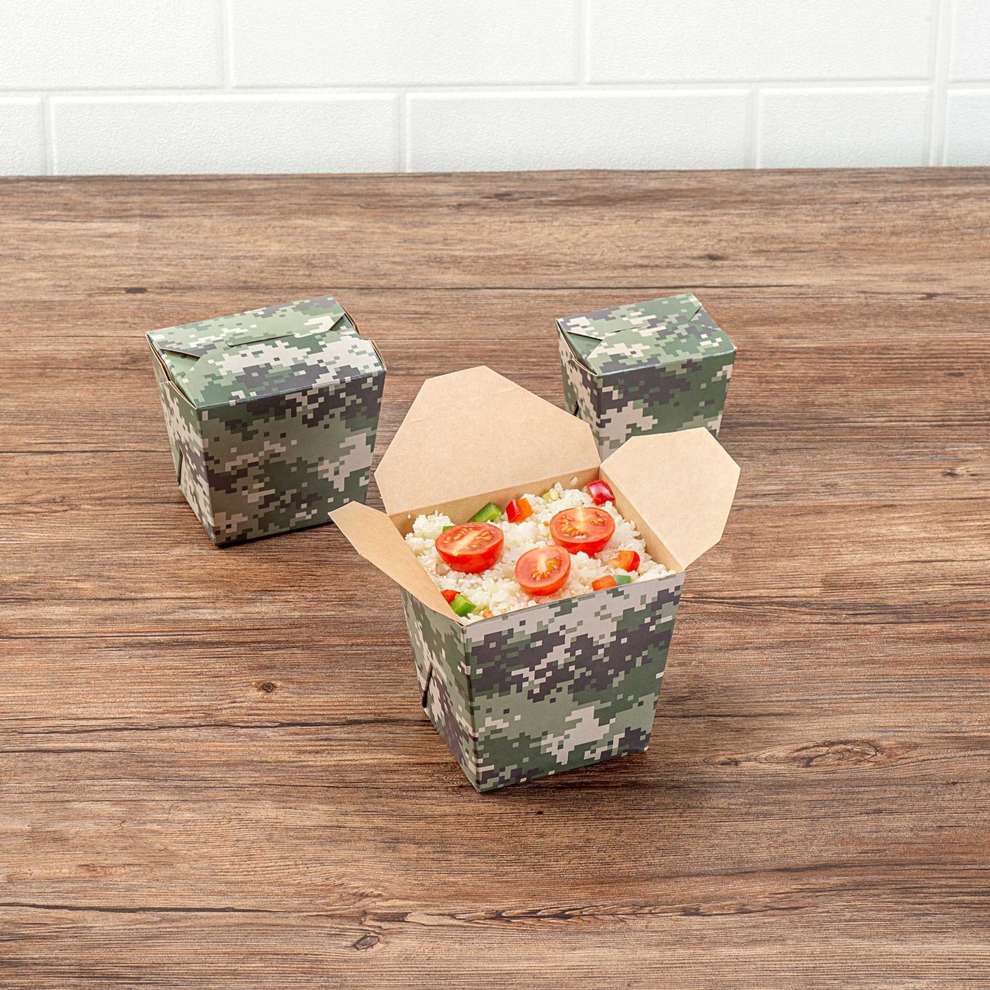 Bio Tek 26 oz Square Camouflage Paper Noodle Take Out Container - 4" x 3 1/2" x 4" - 200 count box