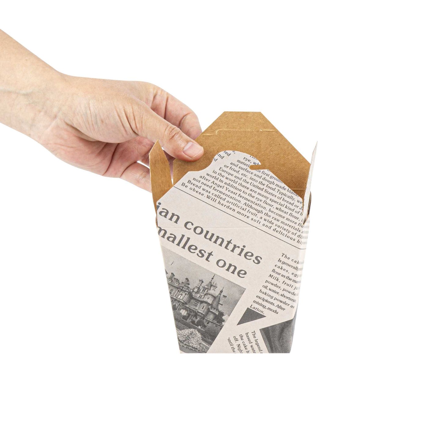 Bio Tek 26 oz Square Newsprint Paper Noodle Take Out Container - 4" x 3 1/2" x 4" - 25 count box