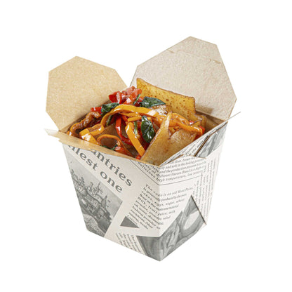 Bio Tek 26 oz Square Newsprint Paper Noodle Take Out Container - 4" x 3 1/2" x 4" - 25 count box