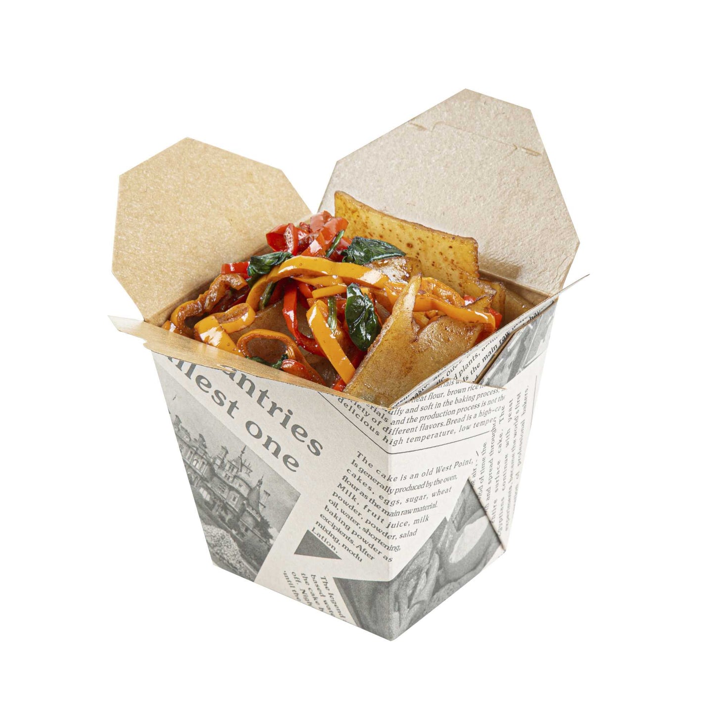 Bio Tek 26 oz Square Newsprint Paper Noodle Take Out Container - 4" x 3 1/2" x 4" - 200 count box
