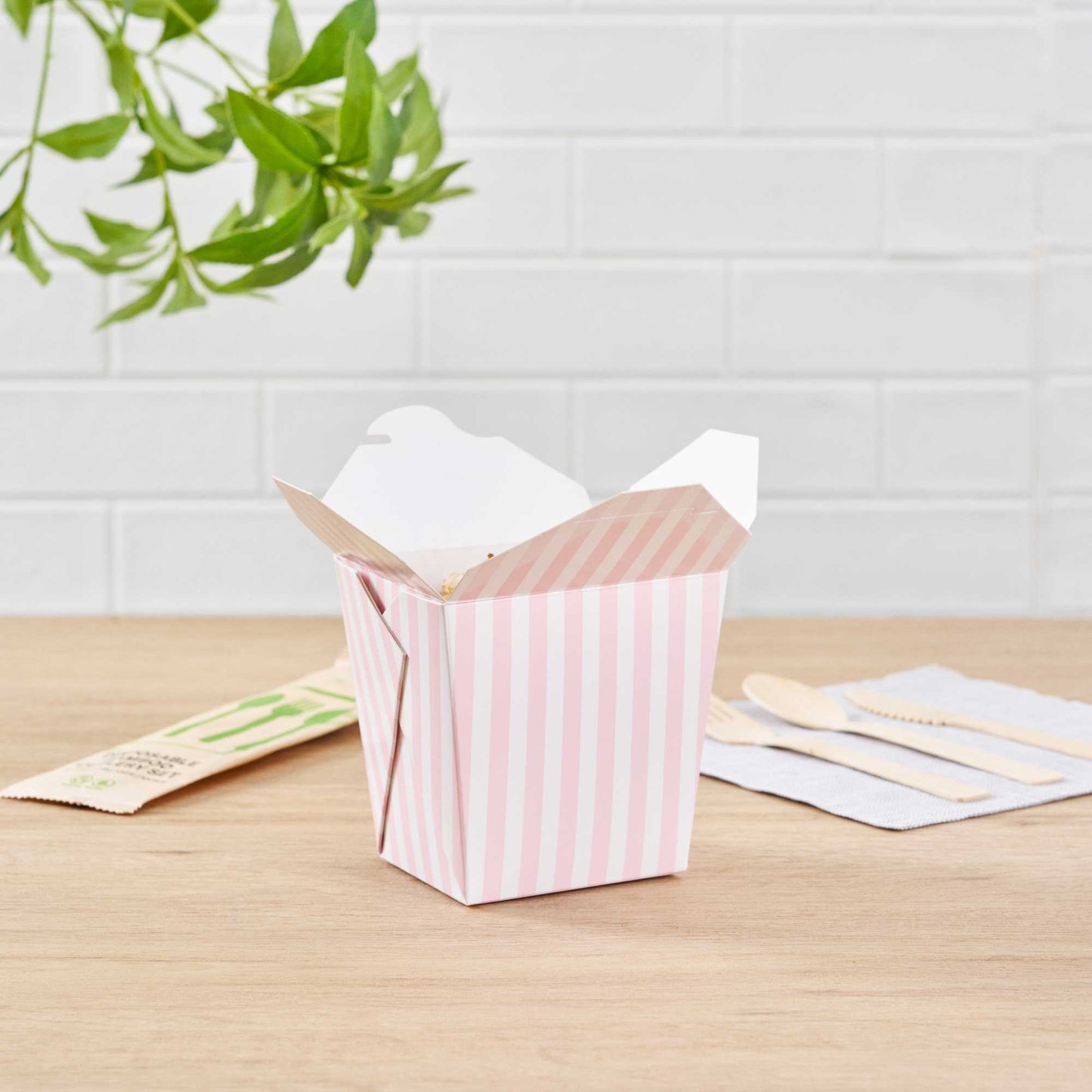 Bio Tek 26 oz Square Pink and White Stripe Paper Noodle Take Out Container - 4" x 3 1/2" x 4" - 50 count box