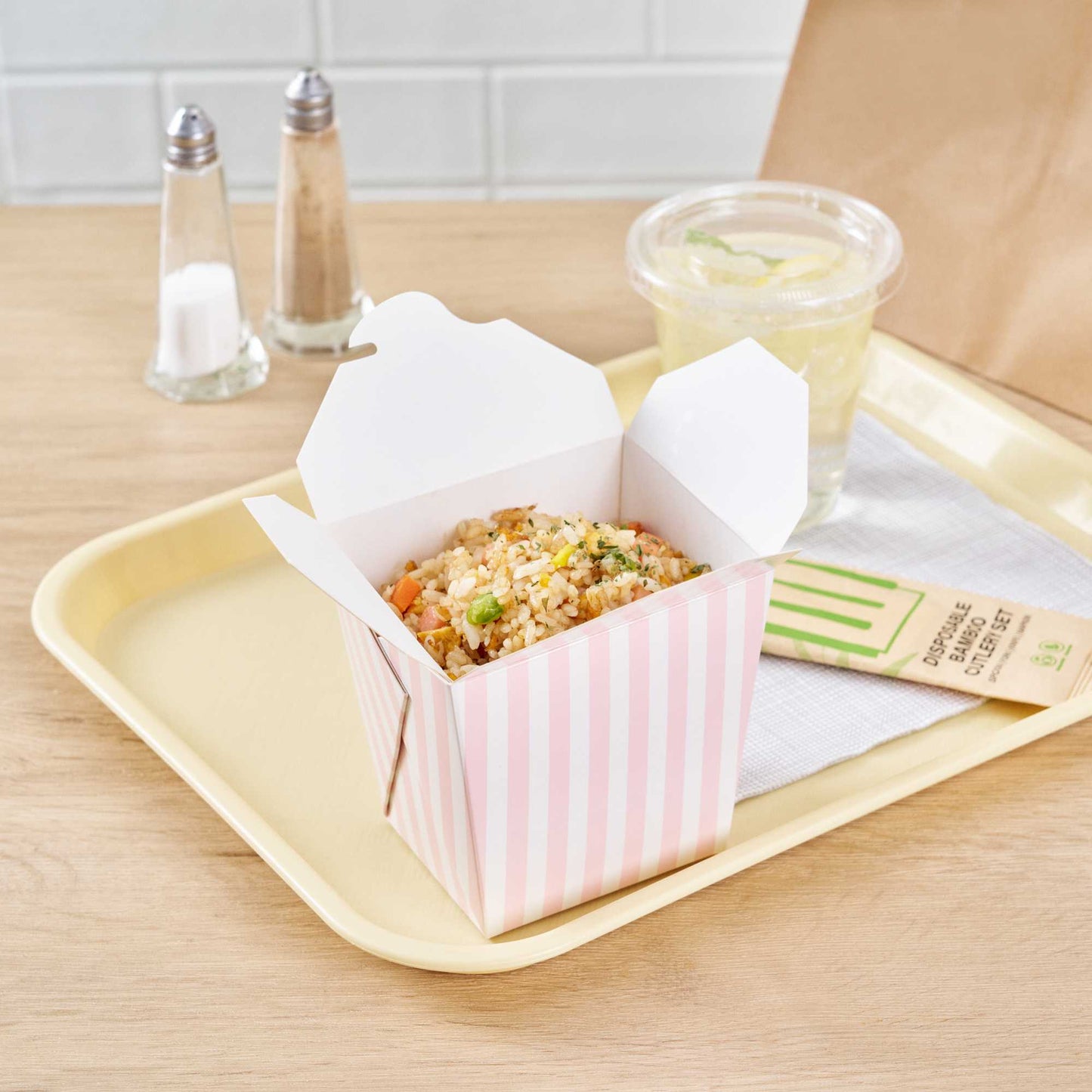 Bio Tek 26 oz Square Pink and White Stripe Paper Noodle Take Out Container - 4" x 3 1/2" x 4" - 50 count box