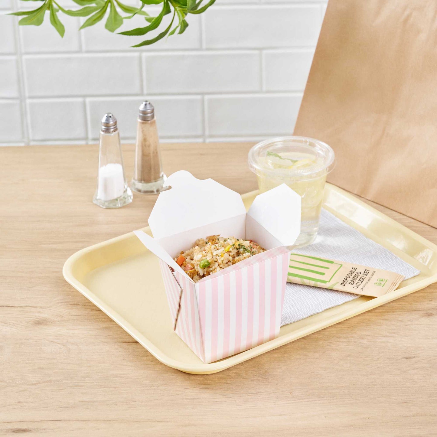 Bio Tek 26 oz Square Pink and White Stripe Paper Noodle Take Out Container - 4" x 3 1/2" x 4" - 50 count box