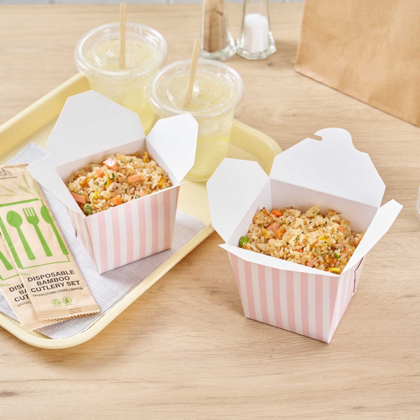 Bio Tek 26 oz Square Pink and White Stripe Paper Noodle Take Out Container - 4" x 3 1/2" x 4" - 200 count box