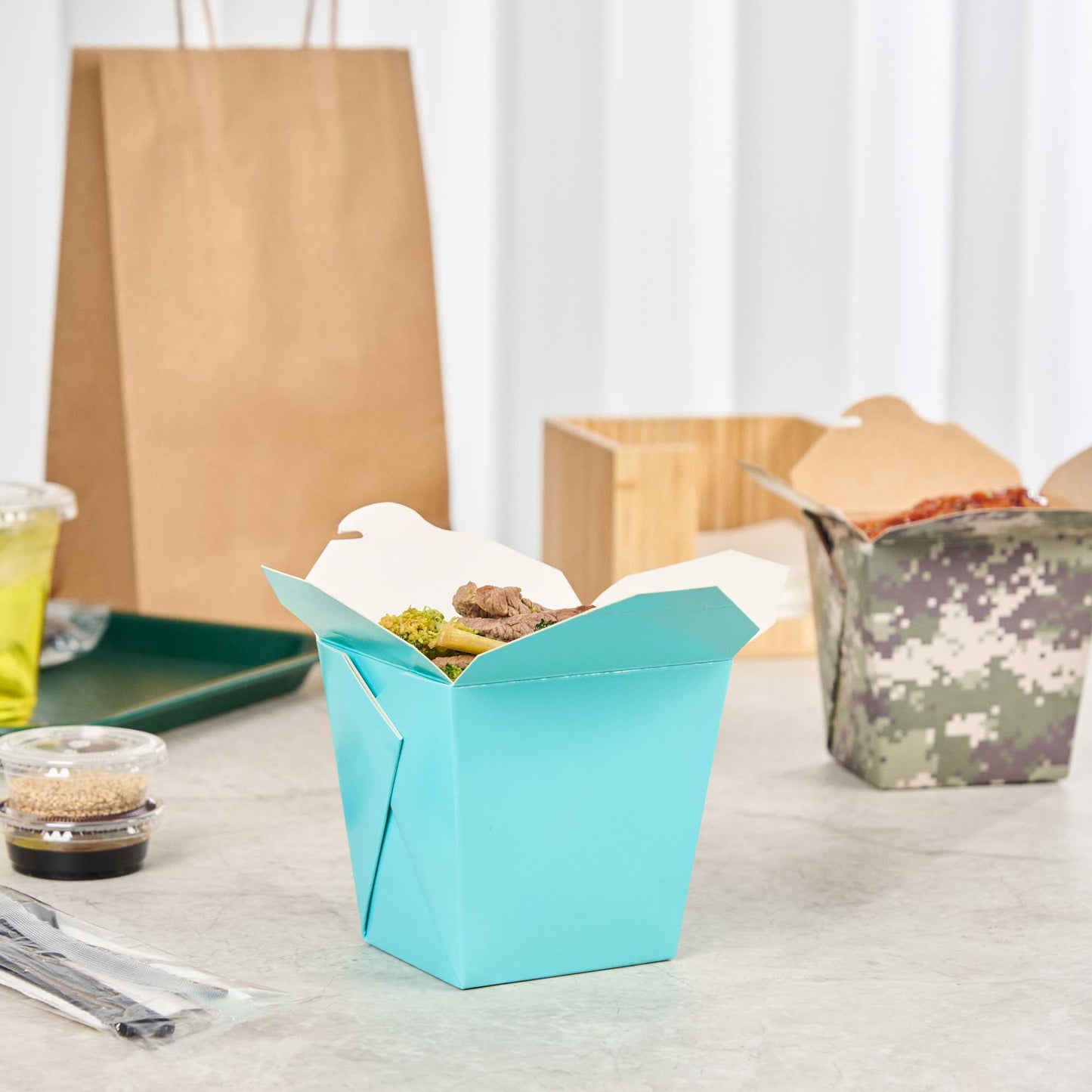 Bio Tek 26 oz Square Turquoise Paper Noodle Take Out Container - 4" x 3 1/2" x 4" - 200 count box