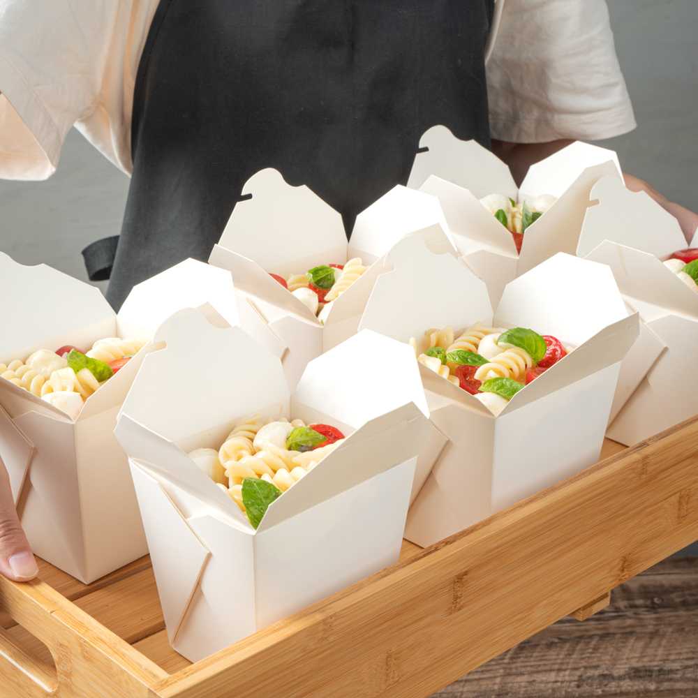 Bio Tek 26 oz Square White Paper Noodle Take Out Container - 4" x 3 1/2" x 4" - 50 count box