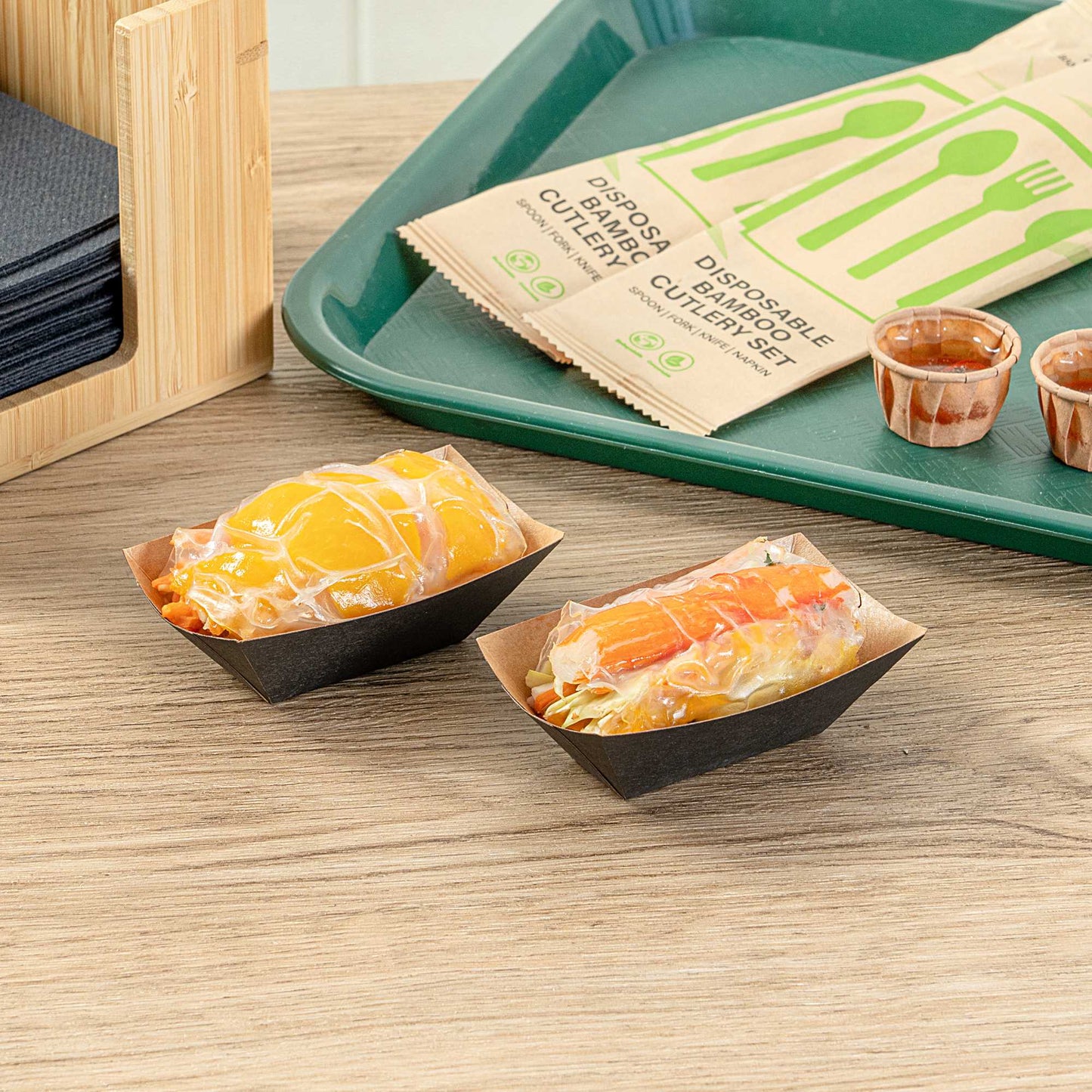 Bio Tek 2 oz Black Paper Food Tray / Boat - 3 1/4" x 2 1/4" x 1 1/4" - 400 count box