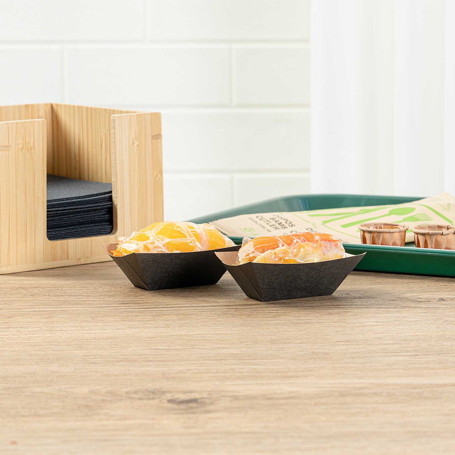 Bio Tek 2 oz Black Paper Food Tray / Boat - 3 1/4" x 2 1/4" x 1 1/4" - 400 count box
