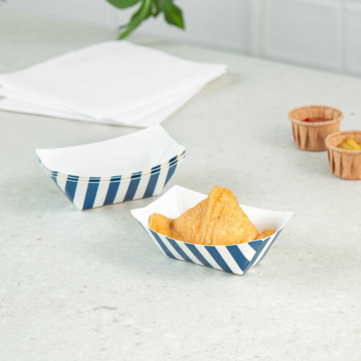 Bio Tek 2 oz Blue and White Stripe Paper Food Tray / Boat - 3 1/4" x 2 1/4" x 1 1/4" - 50 count box