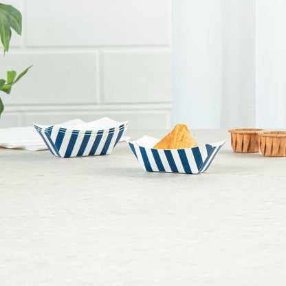 Bio Tek 2 oz Blue and White Stripe Paper Food Tray / Boat - 3 1/4" x 2 1/4" x 1 1/4" - 50 count box