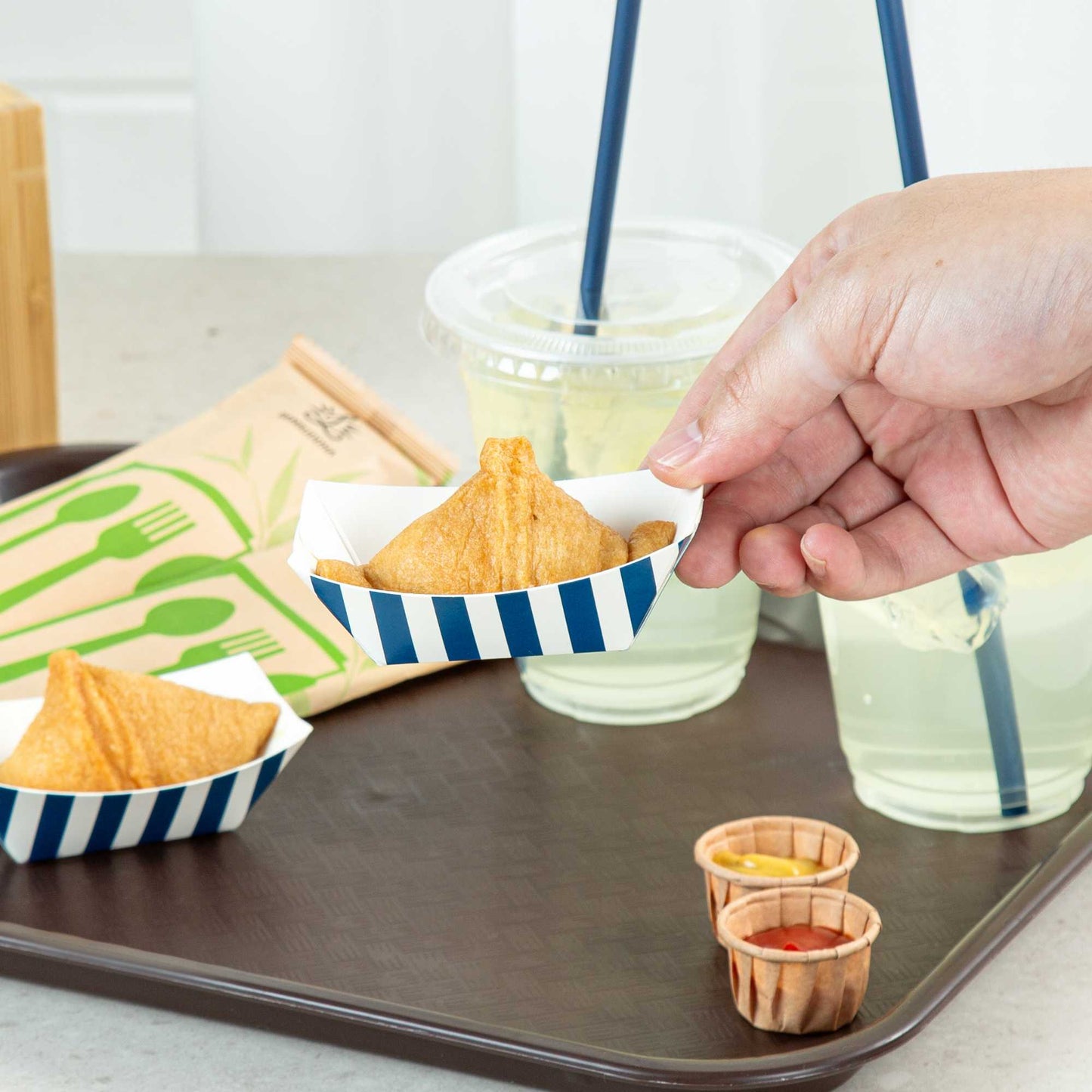 Bio Tek 2 oz Blue and White Stripe Paper Food Tray / Boat - 3 1/4" x 2 1/4" x 1 1/4" - 50 count box