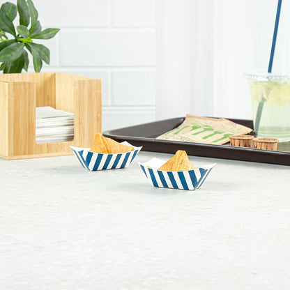 Bio Tek 2 oz Blue and White Stripe Paper Food Tray / Boat - 3 1/4" x 2 1/4" x 1 1/4" - 50 count box