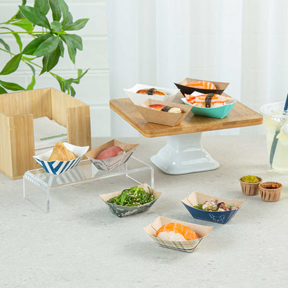 Bio Tek 2 oz Blue and White Stripe Paper Food Tray / Boat - 3 1/4" x 2 1/4" x 1 1/4" - 50 count box
