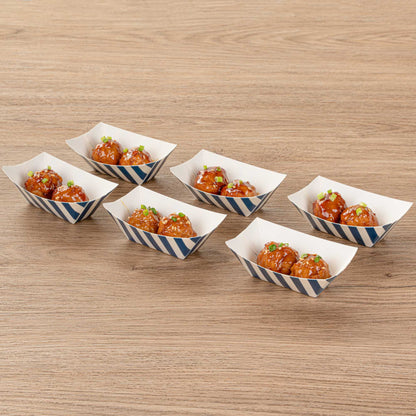 Bio Tek 2 oz Blue and White Stripe Paper Food Tray / Boat - 3 1/4" x 2 1/4" x 1 1/4" - 400 count box