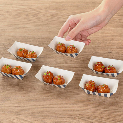 Bio Tek 2 oz Blue and White Stripe Paper Food Tray / Boat - 3 1/4" x 2 1/4" x 1 1/4" - 400 count box