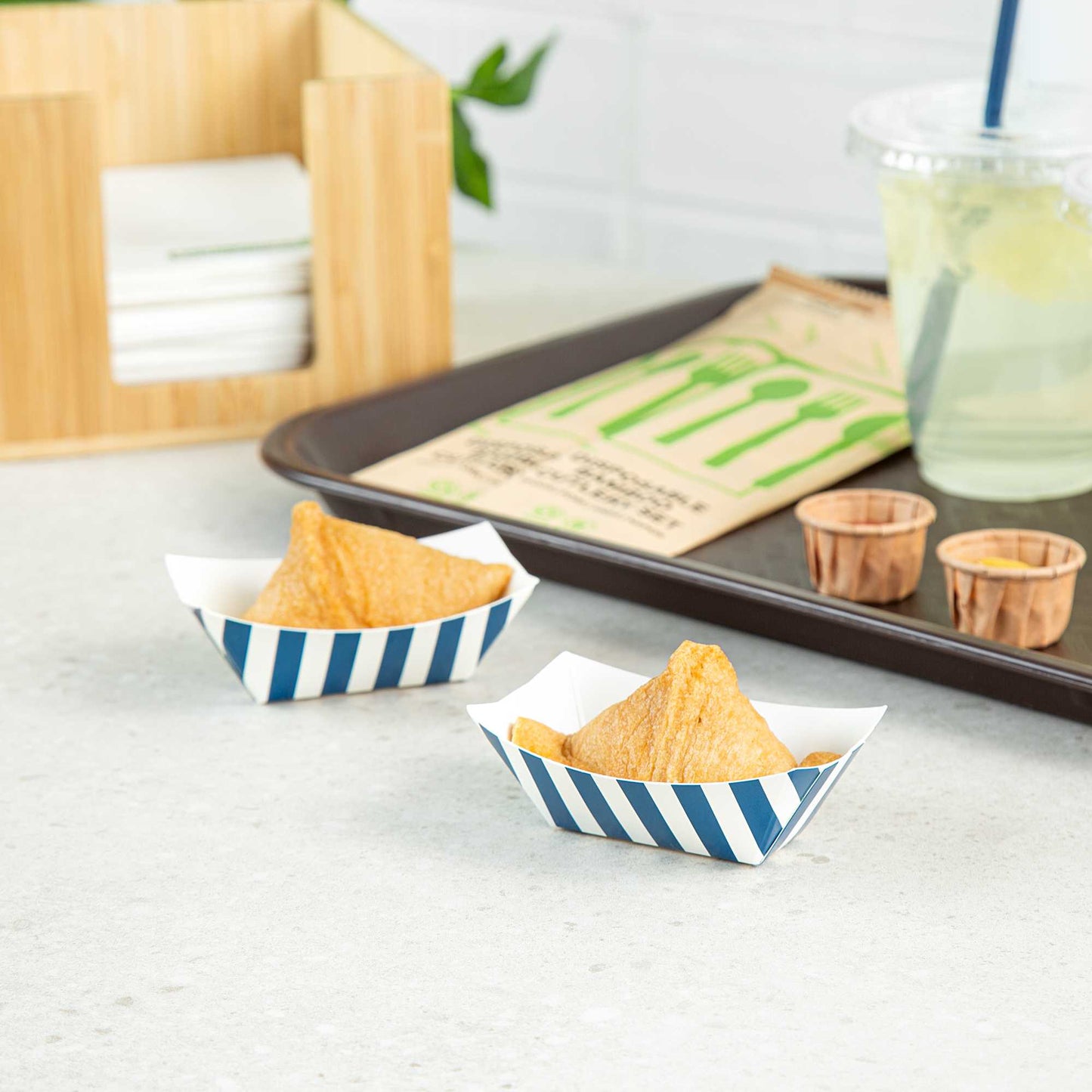 Bio Tek 2 oz Blue and White Stripe Paper Food Tray / Boat - 3 1/4" x 2 1/4" x 1 1/4" - 400 count box