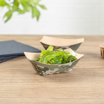 Bio Tek 2 oz Camouflage Paper Food Tray / Boat - 3 1/4" x 2 1/4" x 1 1/4" - 50 count box