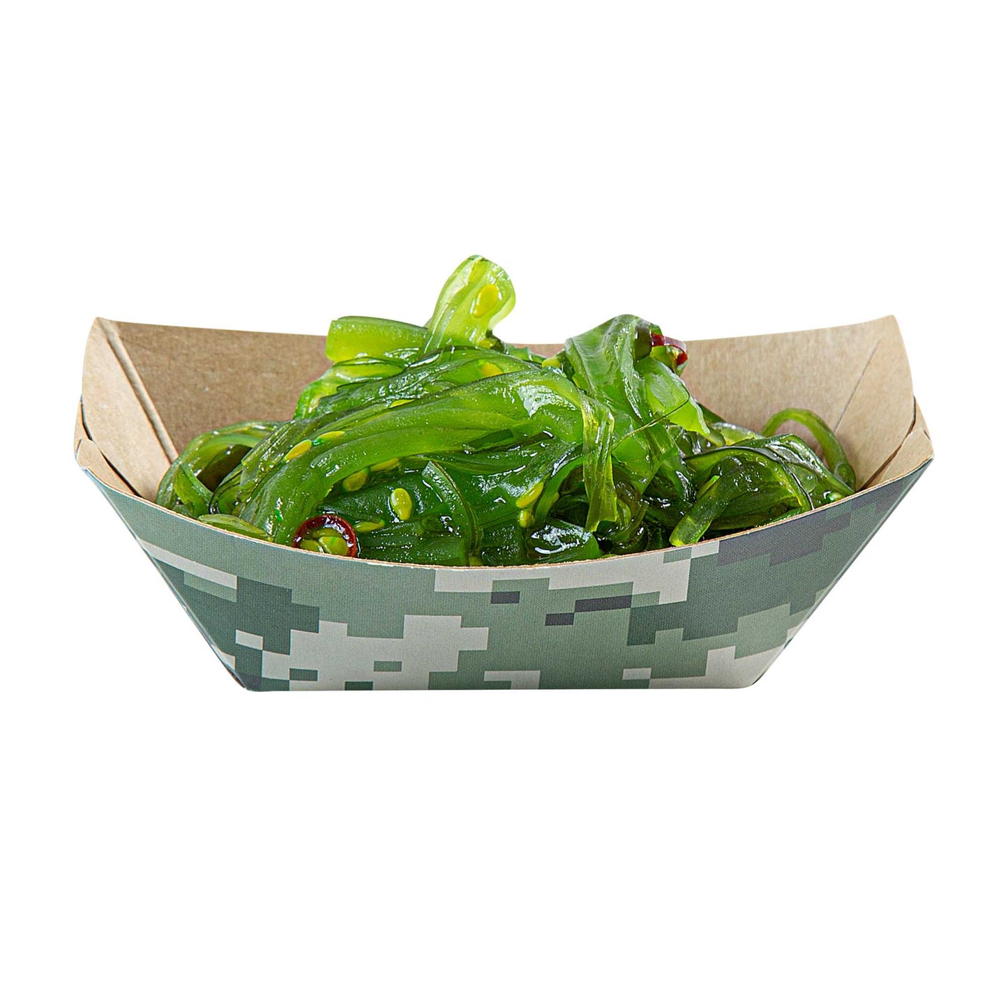 Bio Tek 2 oz Camouflage Paper Food Tray / Boat - 3 1/4" x 2 1/4" x 1 1/4" - 50 count box