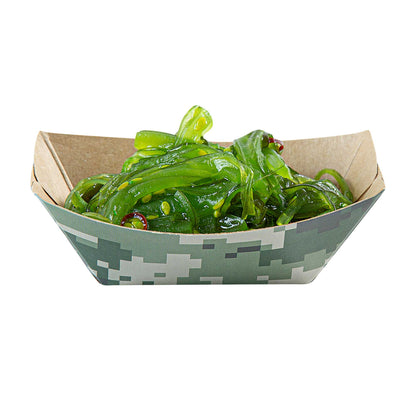 Bio Tek 2 oz Camouflage Paper Food Tray / Boat - 3 1/4" x 2 1/4" x 1 1/4" - 50 count box