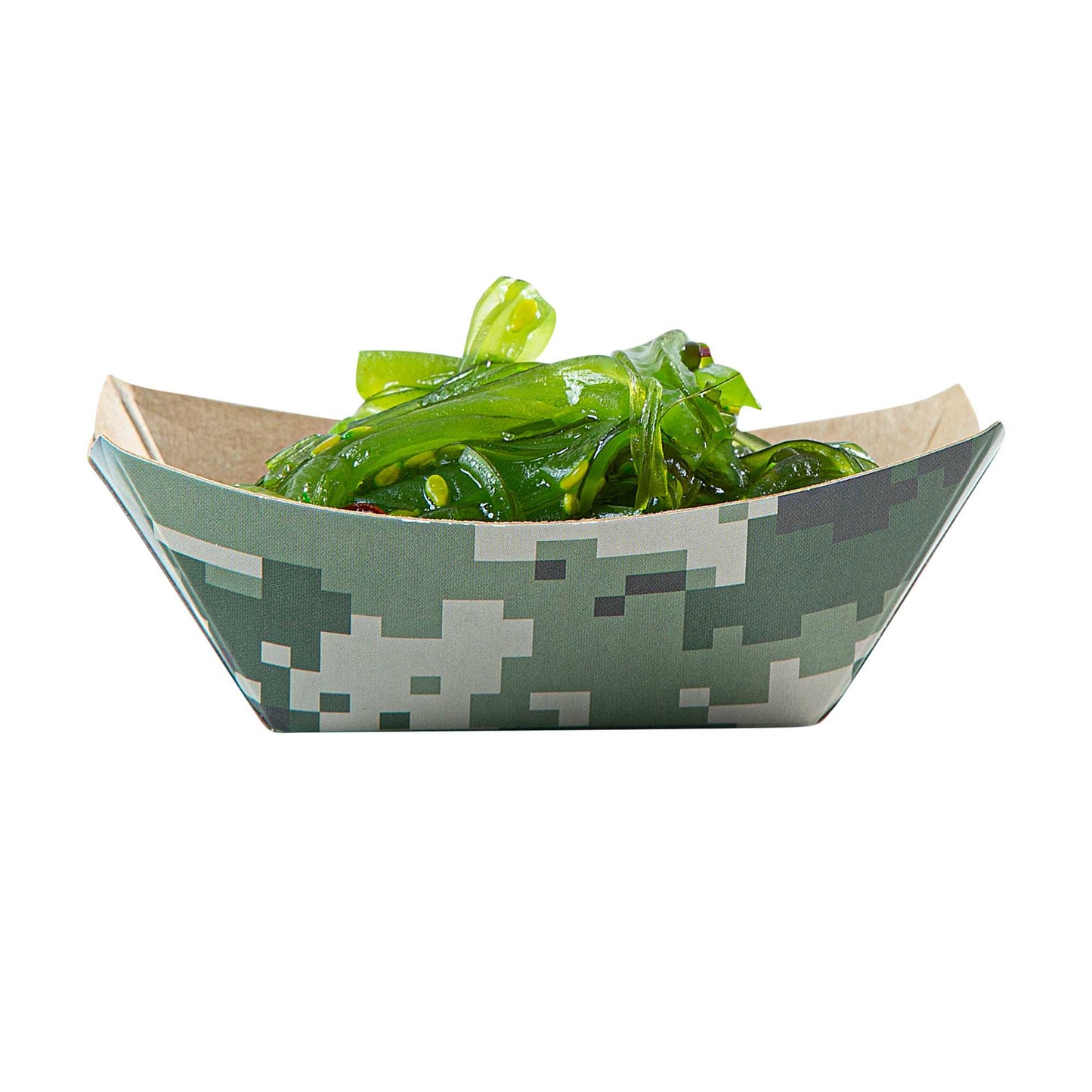 Bio Tek 2 oz Camouflage Paper Food Tray / Boat - 3 1/4" x 2 1/4" x 1 1/4" - 50 count box