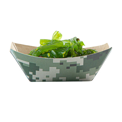 Bio Tek 2 oz Camouflage Paper Food Tray / Boat - 3 1/4" x 2 1/4" x 1 1/4" - 50 count box