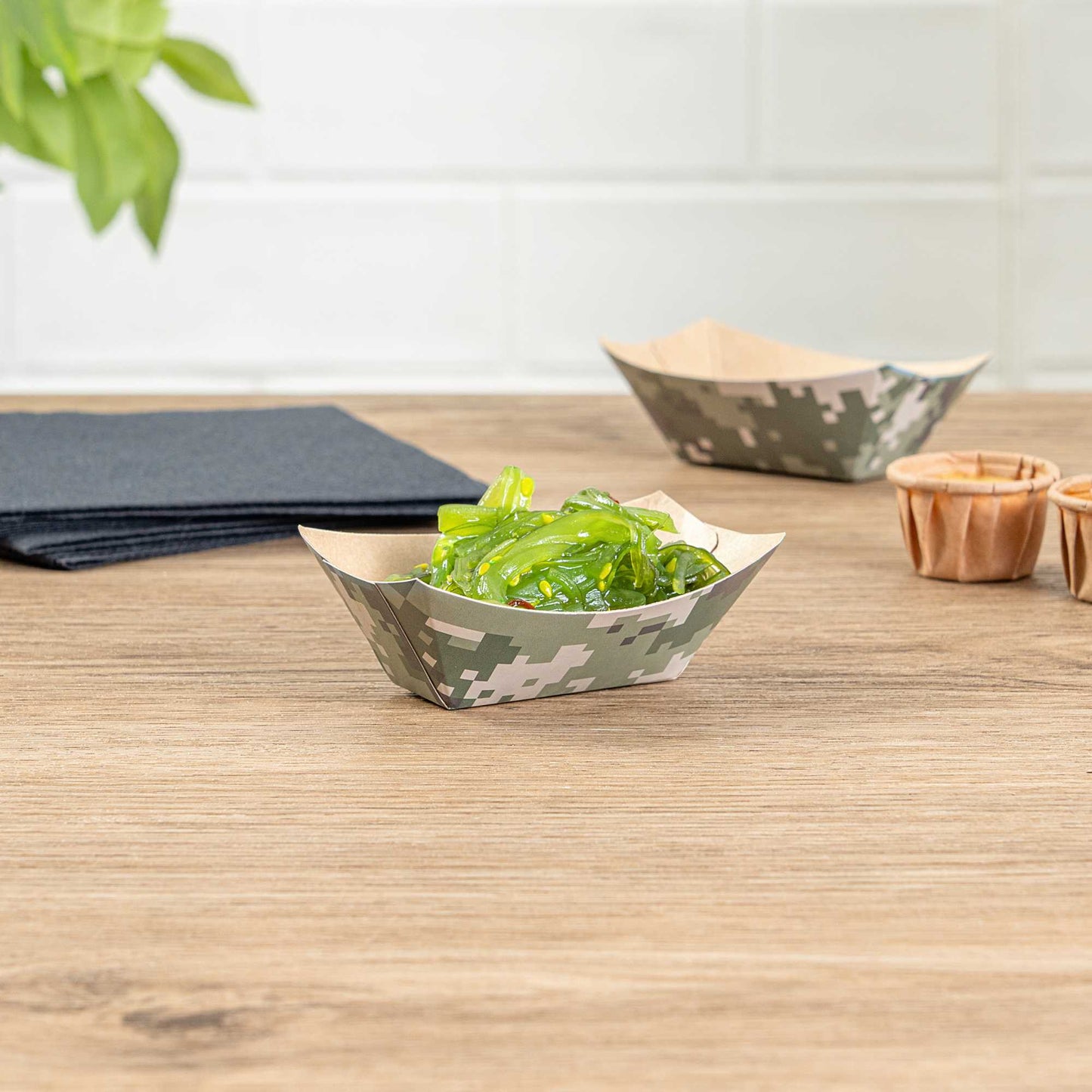 Bio Tek 2 oz Camouflage Paper Food Tray / Boat - 3 1/4" x 2 1/4" x 1 1/4" - 50 count box