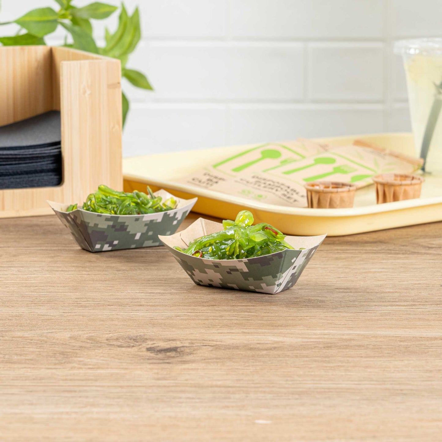 Bio Tek 2 oz Camouflage Paper Food Tray / Boat - 3 1/4" x 2 1/4" x 1 1/4" - 400 count box
