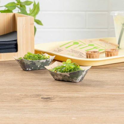 Bio Tek 2 oz Camouflage Paper Food Tray / Boat - 3 1/4" x 2 1/4" x 1 1/4" - 400 count box