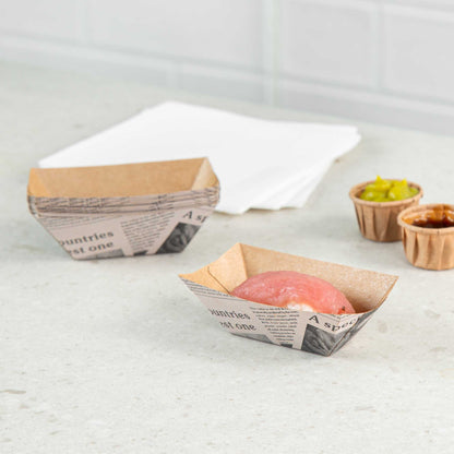 Bio Tek 2 oz Newsprint Paper Food Tray / Boat - 3 1/4" x 2 1/4" x 1 1/4" - 50 count box