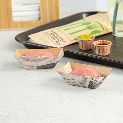 Bio Tek 2 oz Newsprint Paper Food Tray / Boat - 3 1/4" x 2 1/4" x 1 1/4" - 50 count box