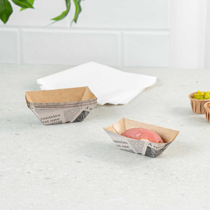 Bio Tek 2 oz Newsprint Paper Food Tray / Boat - 3 1/4" x 2 1/4" x 1 1/4" - 50 count box