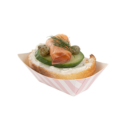 Bio Tek 2 oz Pink and White Stripe Paper Food Tray / Boat - 3 1/4" x 2 1/4" x 1 1/4" - 50 count box