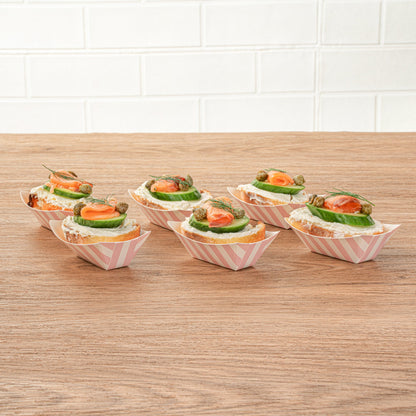 Bio Tek 2 oz Pink and White Stripe Paper Food Tray / Boat - 3 1/4" x 2 1/4" x 1 1/4" - 50 count box