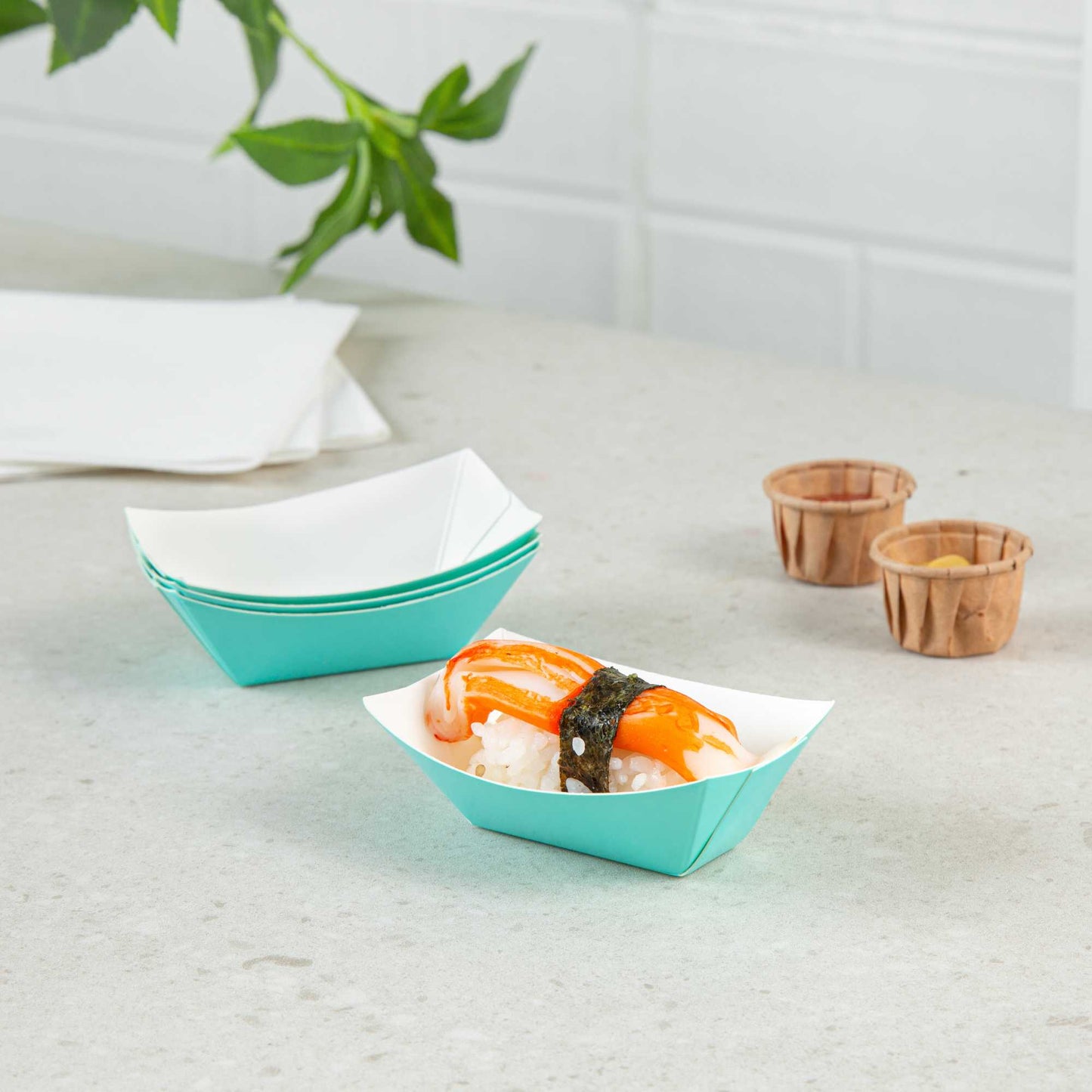 Bio Tek 2 oz Turquoise Paper Food Tray / Boat - 3 1/4" x 2 1/4" x 1 1/4" - 50 count box