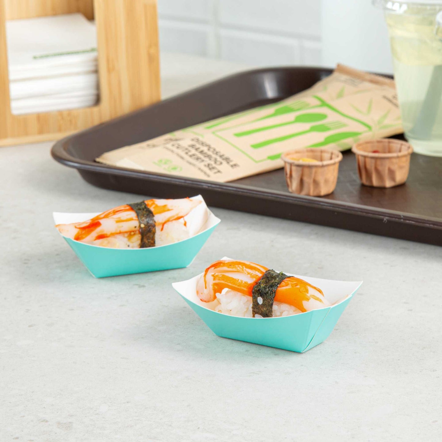 Bio Tek 2 oz Turquoise Paper Food Tray / Boat - 3 1/4" x 2 1/4" x 1 1/4" - 400 count box