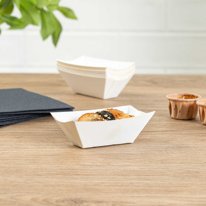 Bio Tek 2 oz White Paper Food Tray / Boat - 3 1/4" x 2 1/4" x 1 1/4" - 50 count box