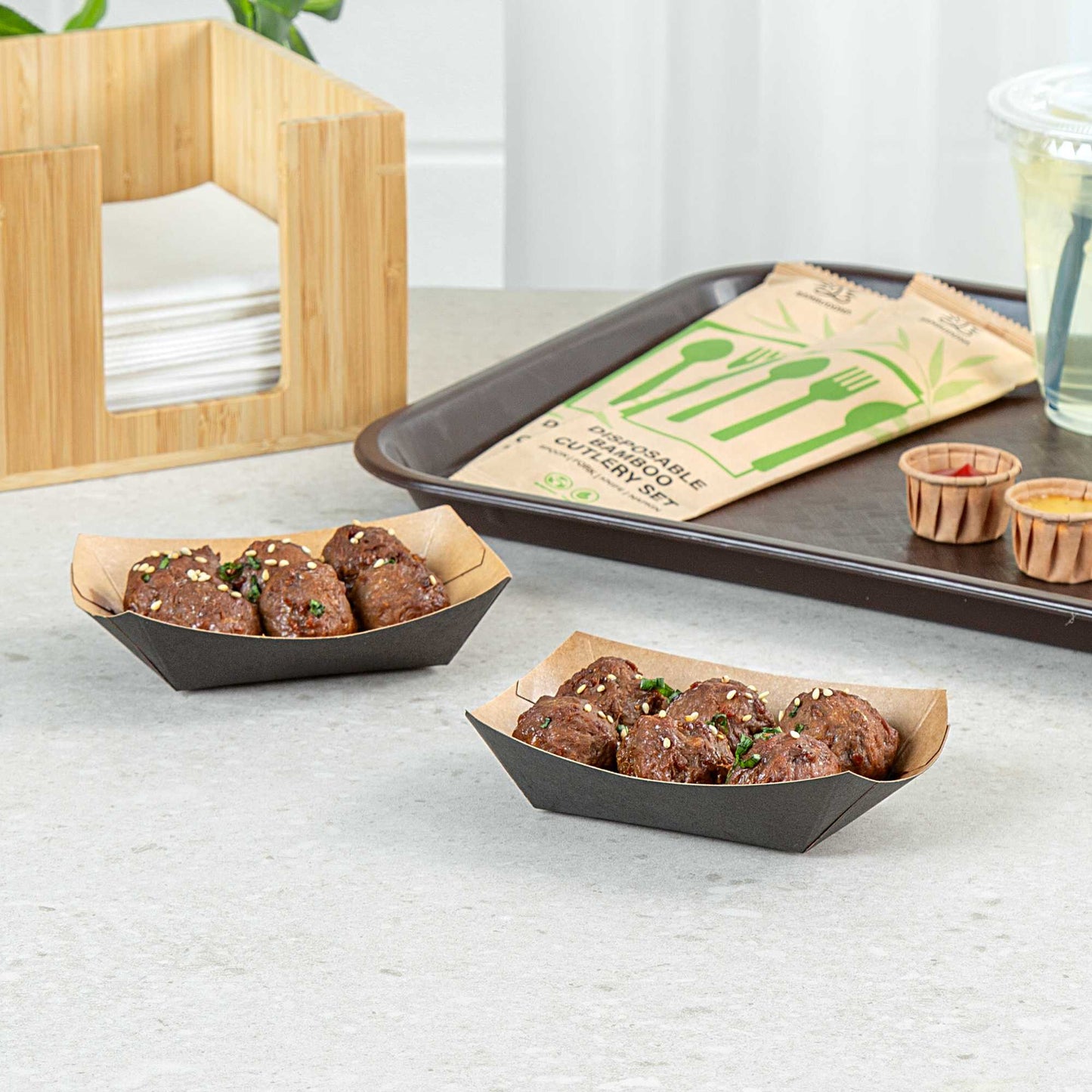 Bio Tek 4 oz Black Paper #25 Food Tray / Boat - 3" x 2" x 1" - 50 count box